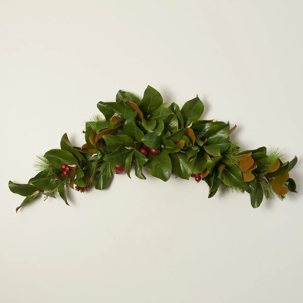 Yulemere Real Touch Magnolia Leaf Scotch Pine and Faux Red Christmas Swag overall view