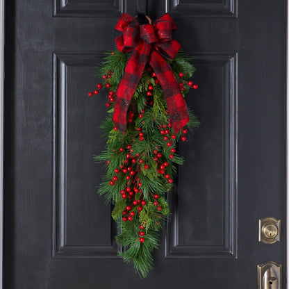 Yulemere Red Berry and Belgium Pine Hanging Christmas Swag detail view 2