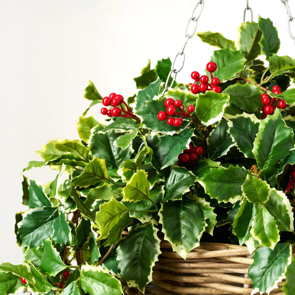 Yulemere Variegated Green Holly Leaf and Red Berry Vine Christmas Red Decor detail view 3