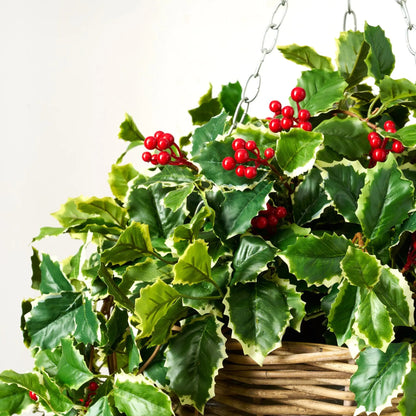 Yulemere Variegated Green Holly Leaf and Red Berry Vine Christmas Red Decor detail view 3