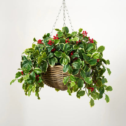 Yulemere Variegated Green Holly Leaf and Red Berry Vine Christmas Red Decor detail view 2