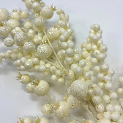 Yulemere Mixed Pearl White Glitter Crabapple Faux Berry Spray detail view 2
