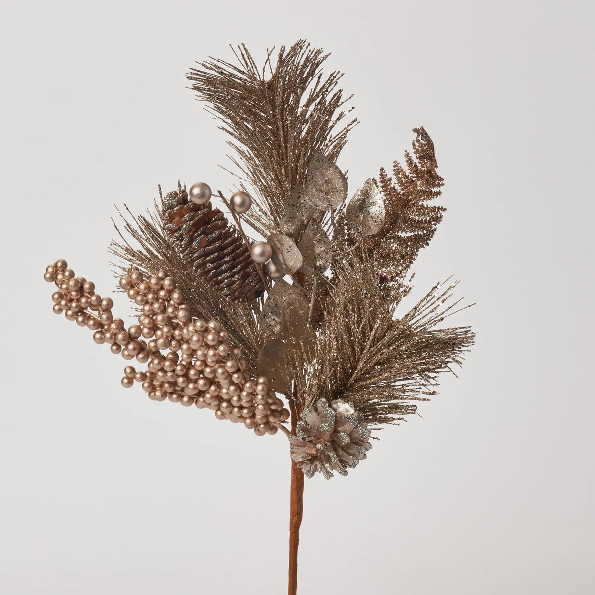 Yulemere Silver and Gold Glitter Pine with Pinecone Metallic Holiday Stem overall view