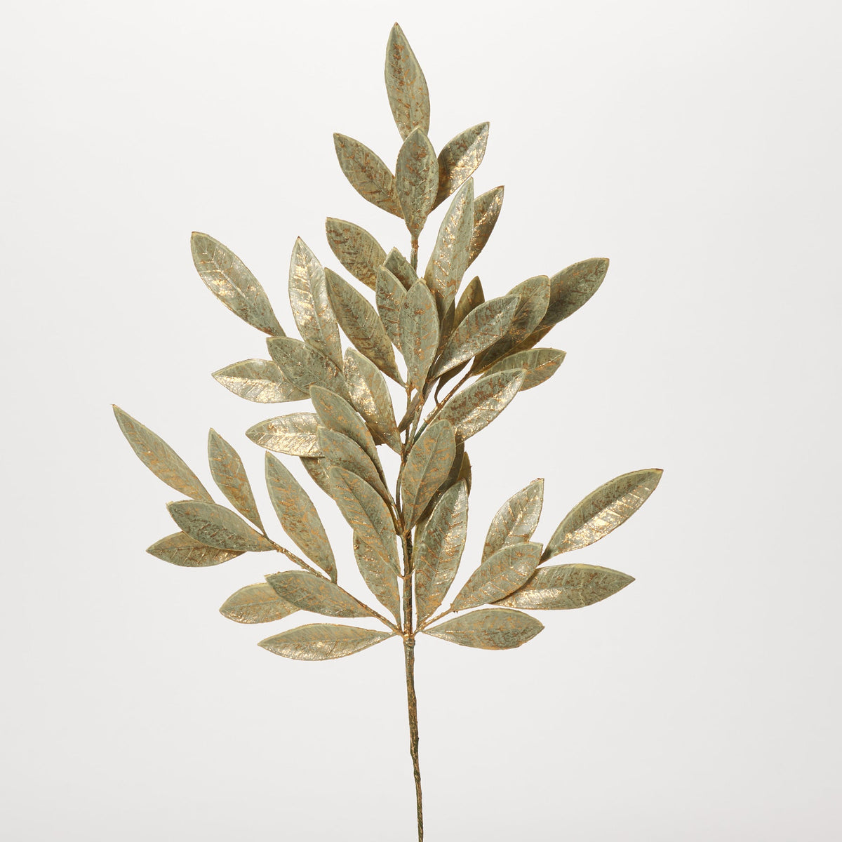 Yulemere Sage Green and Metallic Gold Bay Leaf Faux Holiday Stem overall view