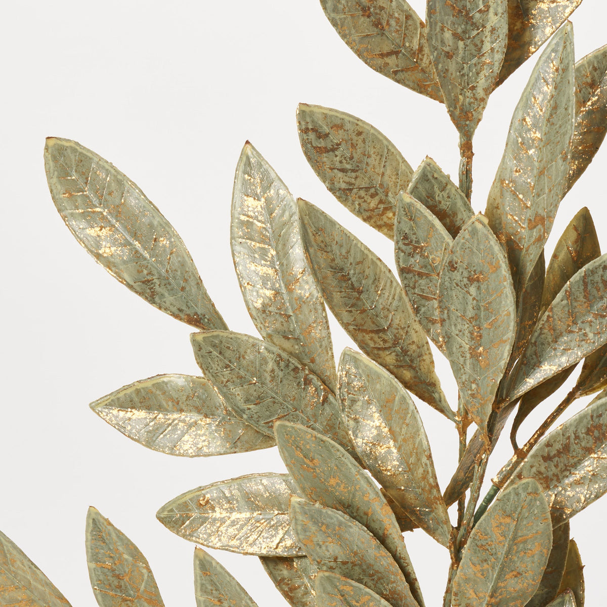 Yulemere Sage Green and Metallic Gold Bay Leaf Faux Holiday Stem detail view 2