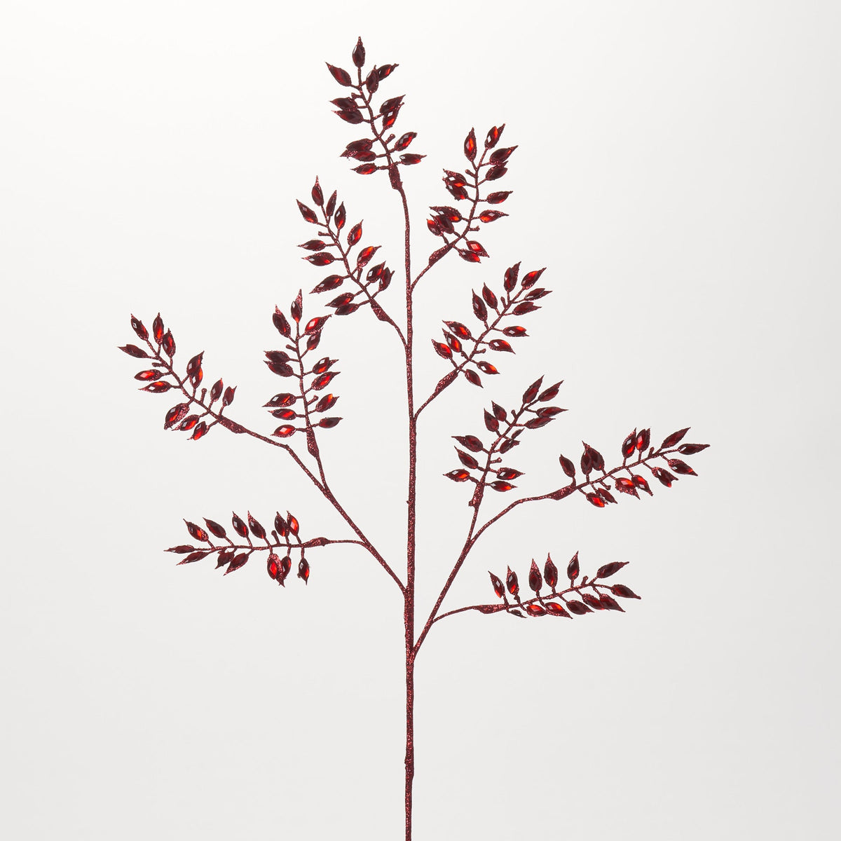 Yulemere Long Red Jewel Metallic Glitter Leaf Spray overall view