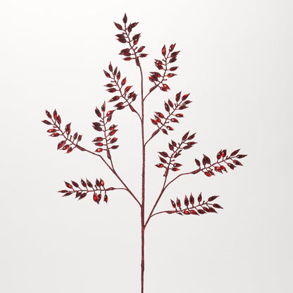 Yulemere Long Red Jewel Metallic Glitter Leaf Spray overall view