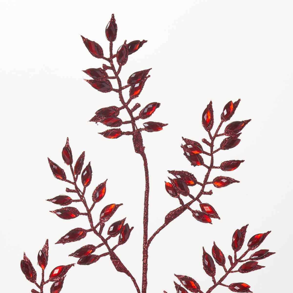 Yulemere Long Red Jewel Metallic Glitter Leaf Spray detail view 2