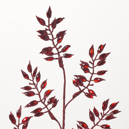 Yulemere Long Red Jewel Metallic Glitter Leaf Spray detail view 2