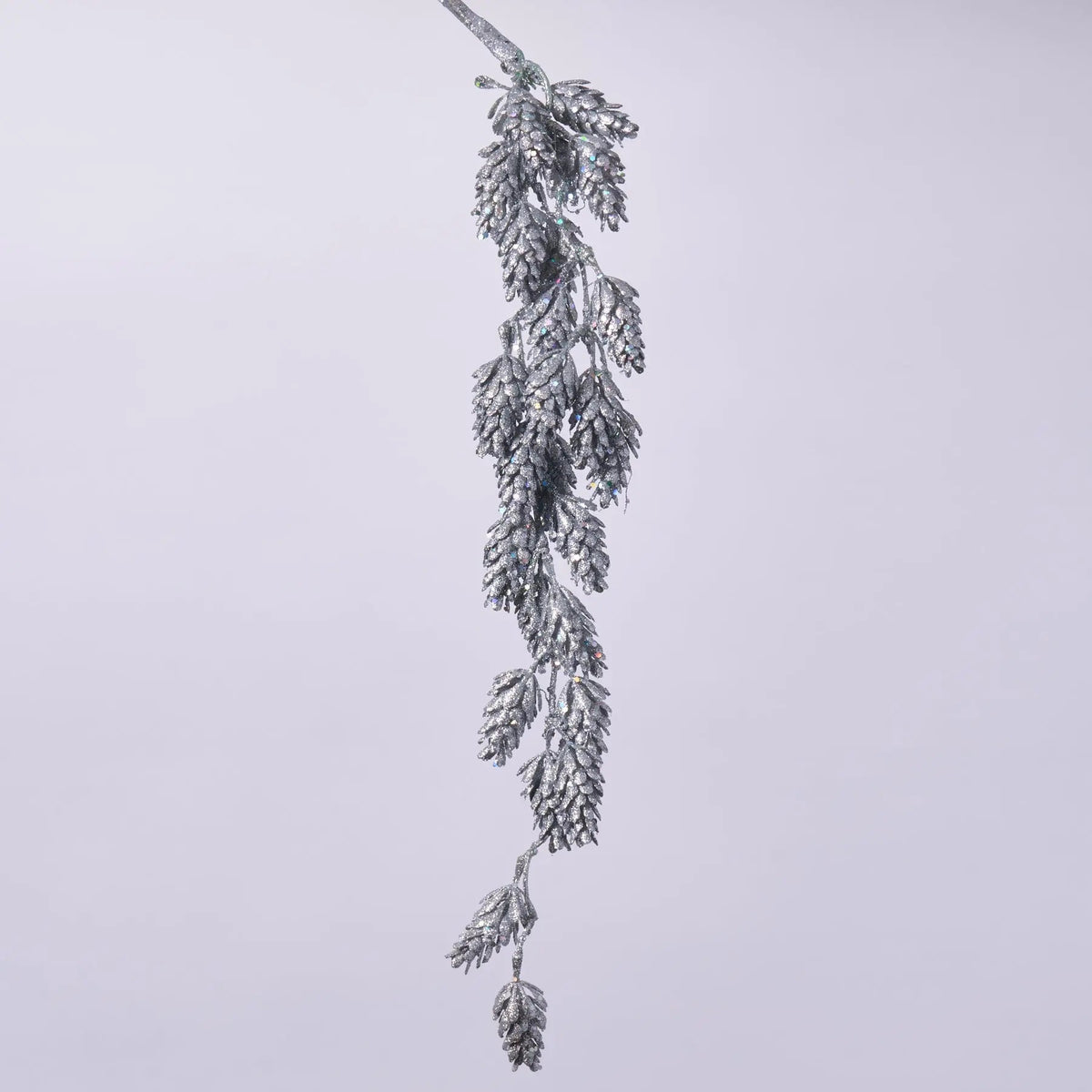 Yulemere Silver Gray Metallic Glitter Hanging Alpine Cone Holiday Stem overall view