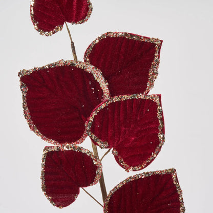 Yulemere Dark Burgundy Gold Glitter Edge Velvet Aspen Leaf Holiday Stem detail view 2