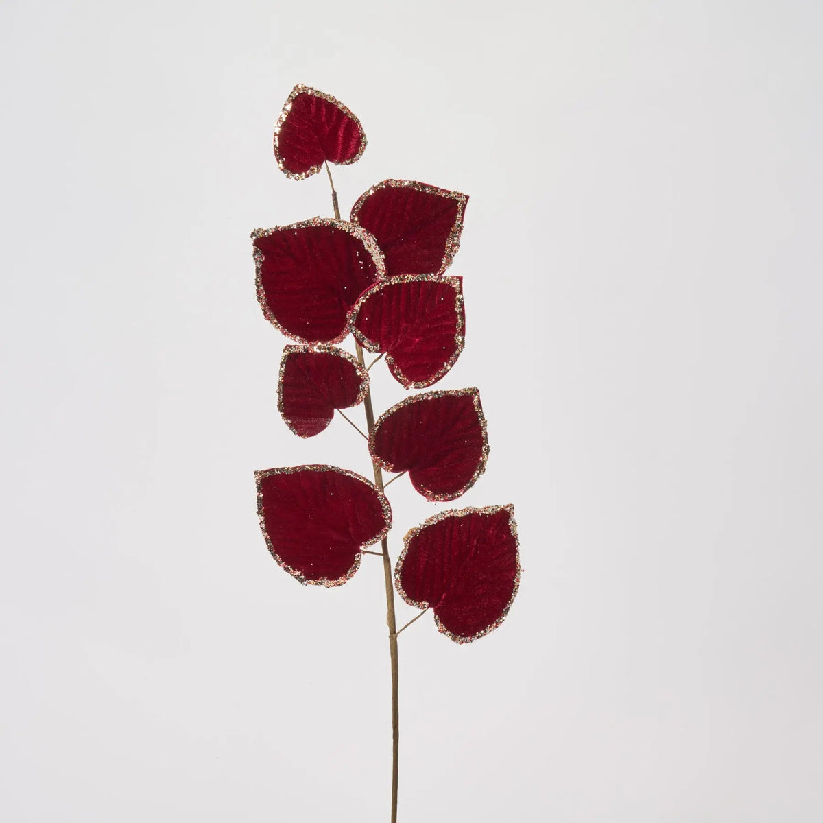 Yulemere Dark Burgundy Gold Glitter Edge Velvet Aspen Leaf Holiday Stem overall view