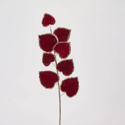 Yulemere Dark Burgundy Gold Glitter Edge Velvet Aspen Leaf Holiday Stem overall view