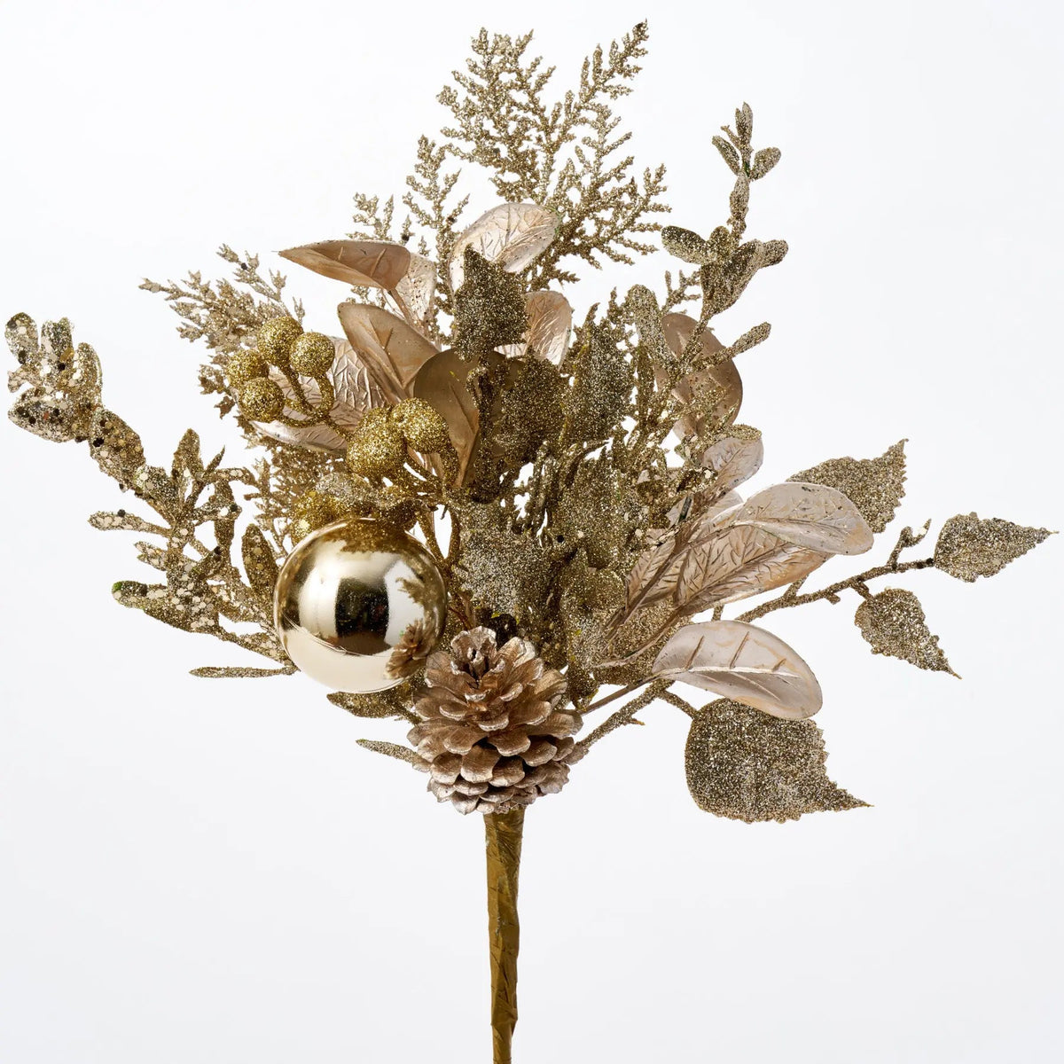 Yulemere Champagne Gold and Bronze Glitter Leaf Berry Holiday Stem overall view