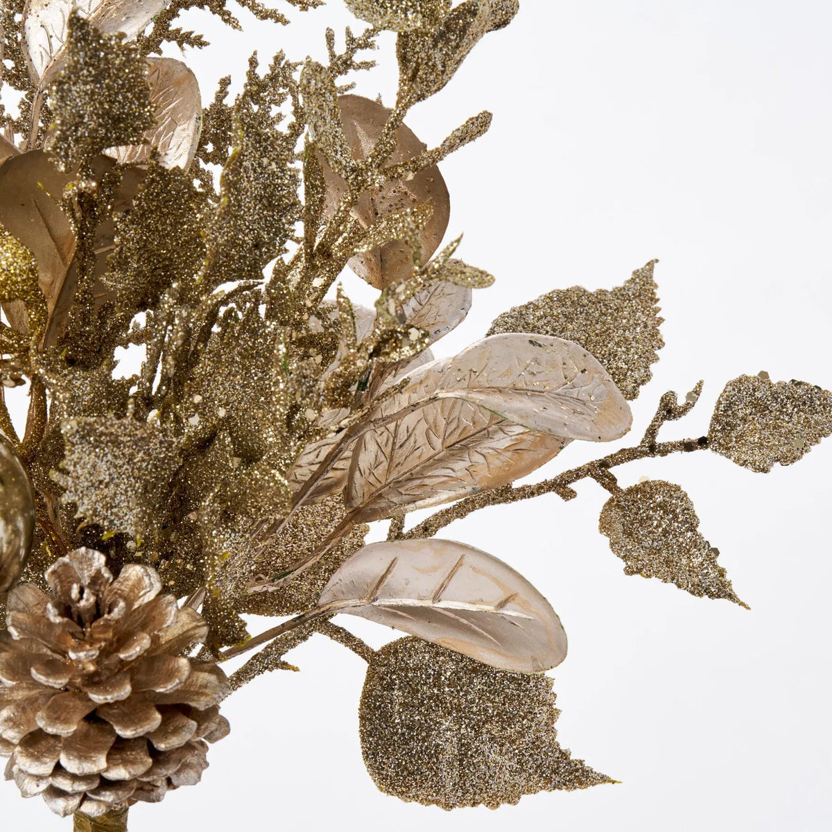 Yulemere Champagne Gold and Bronze Glitter Leaf Berry Holiday Stem detail view 2