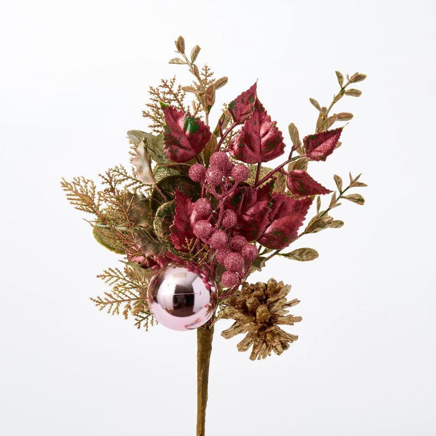 Yulemere Champagne Gold and Pink Glitter Leaf Berry Pinecone Holiday Stem overall view