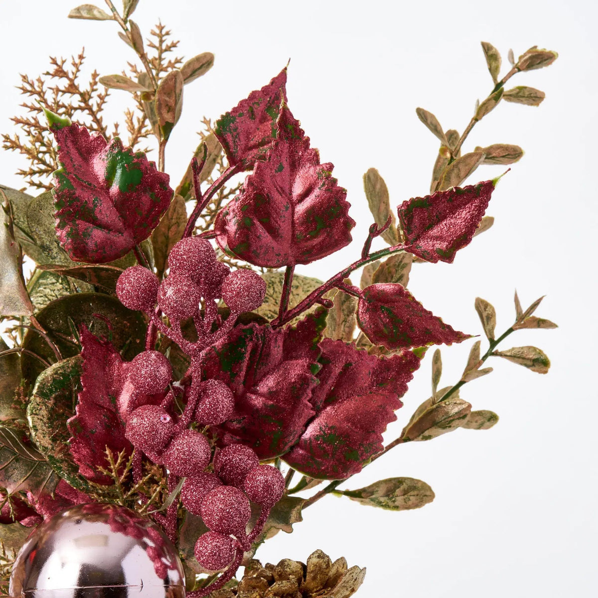 Yulemere Champagne Gold and Pink Glitter Leaf Berry Pinecone Holiday Stem detail view 2