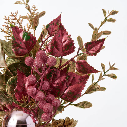 Yulemere Champagne Gold and Pink Glitter Leaf Berry Pinecone Holiday Stem detail view 2