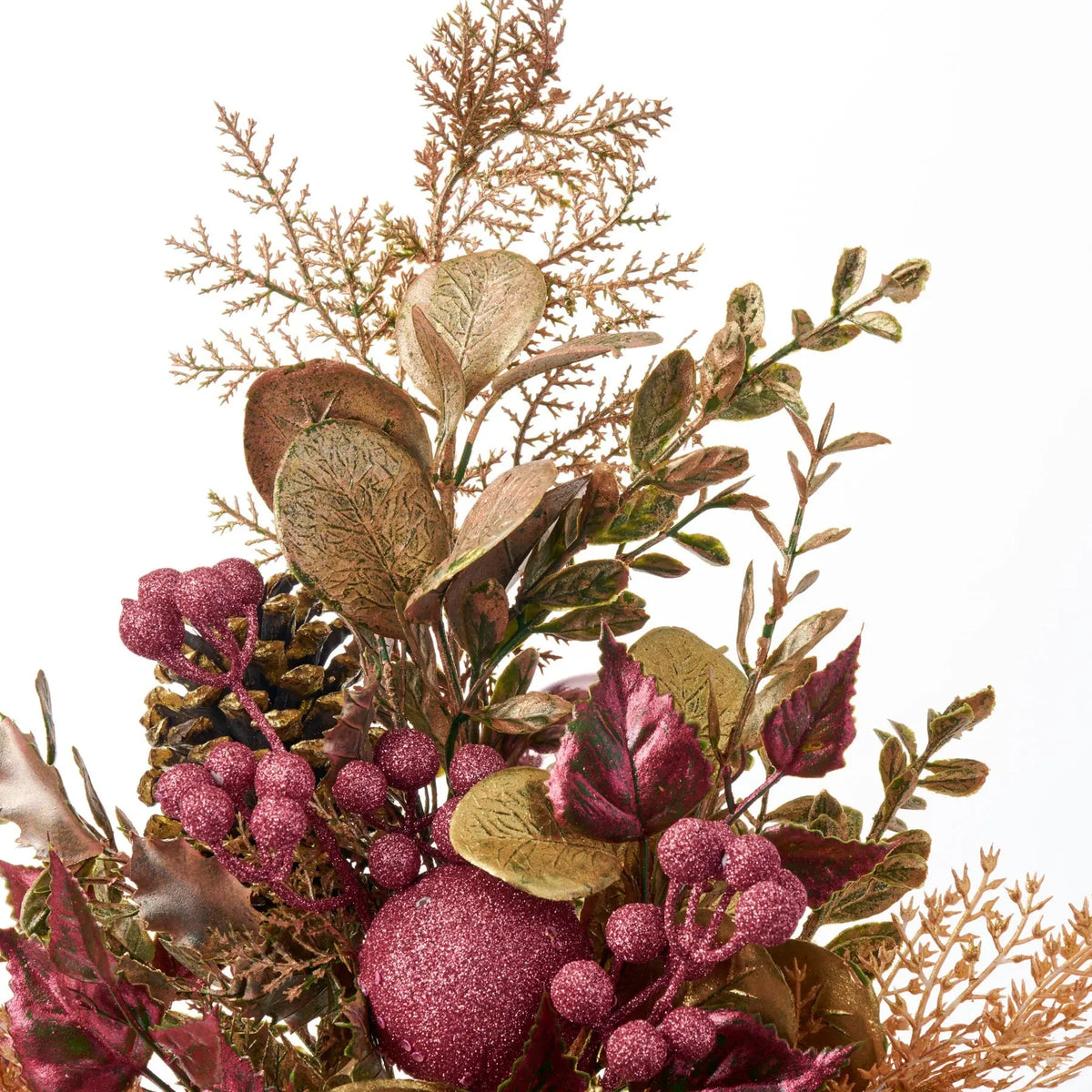 Yulemere Gold and Pink Glitter Leaf Berry and Pinecone Spray 30 Inch detail view 2