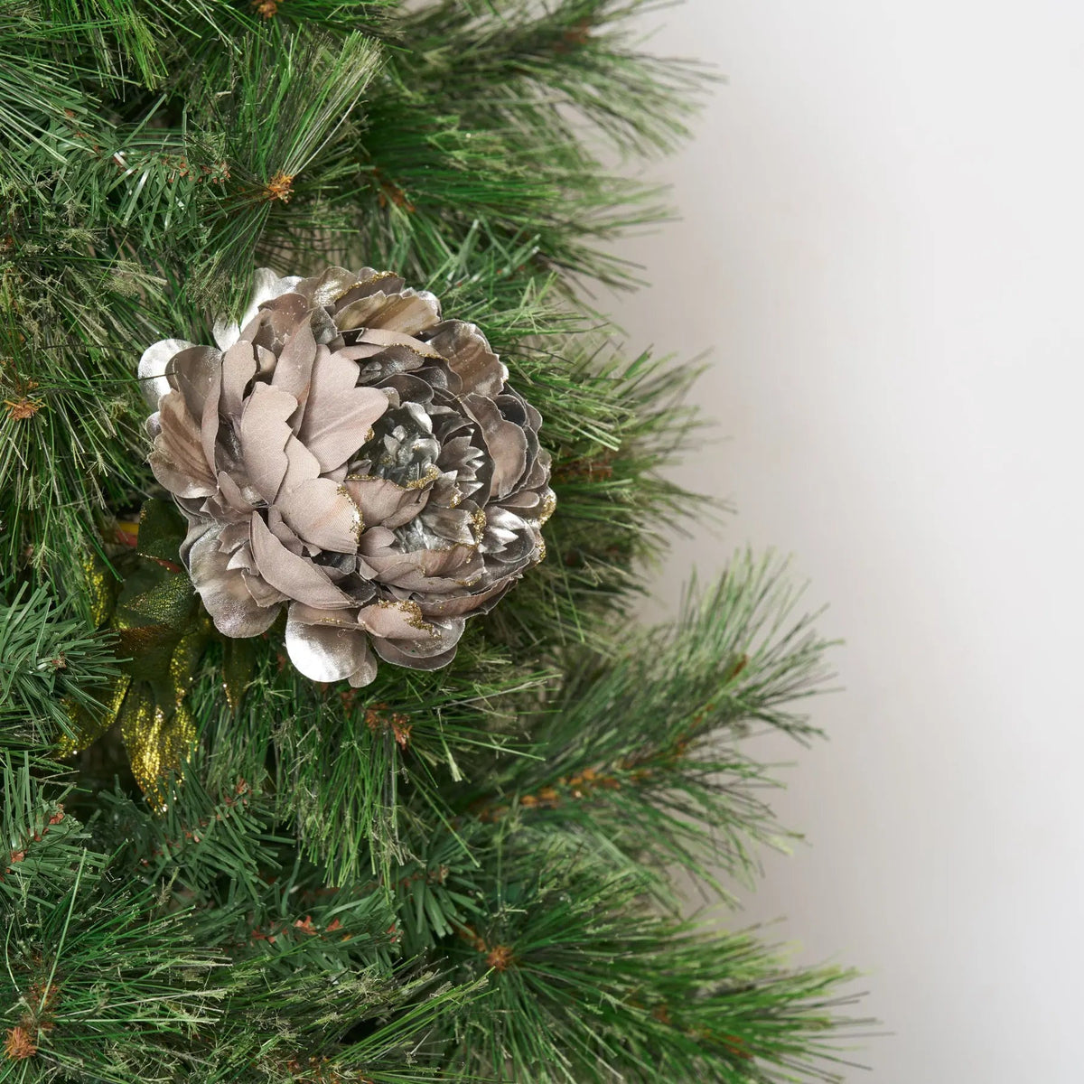 Yulemere Silver Peony with Glittered Edges Christmas Decor detail view 2