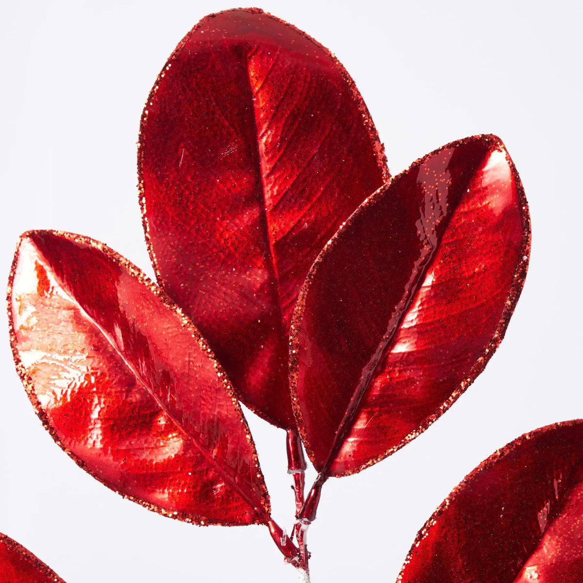 Yulemere Metallic Red Glittered Faux Magnolia Leaves on Stem detail view 2
