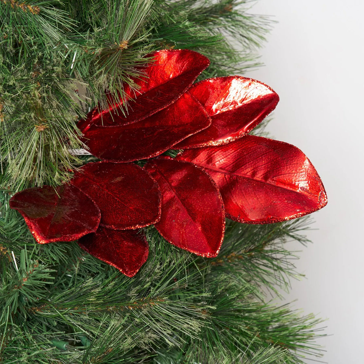 Yulemere Metallic Red Glittered Faux Magnolia Leaves on Stem overall view
