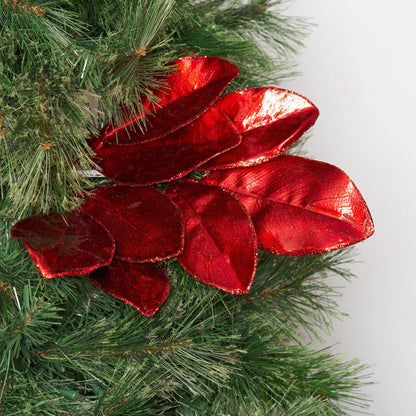 Yulemere Metallic Red Glittered Faux Magnolia Leaves on Stem overall view
