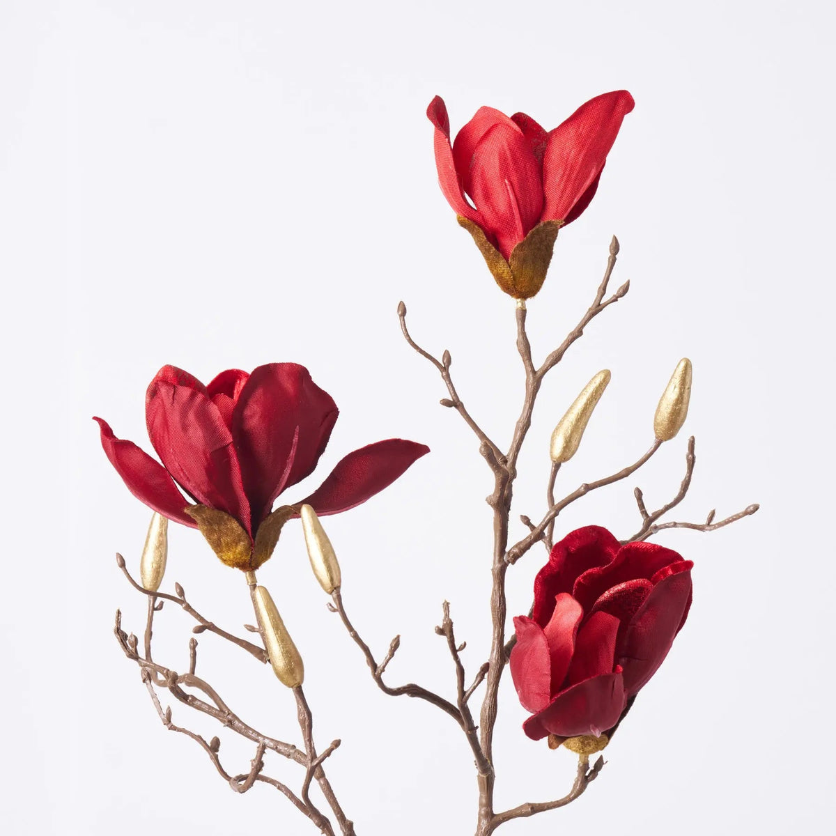 Yulemere Red Velvet Magnolia Bloom and Gold Dipped Bud Faux Holiday Stem detail view 3