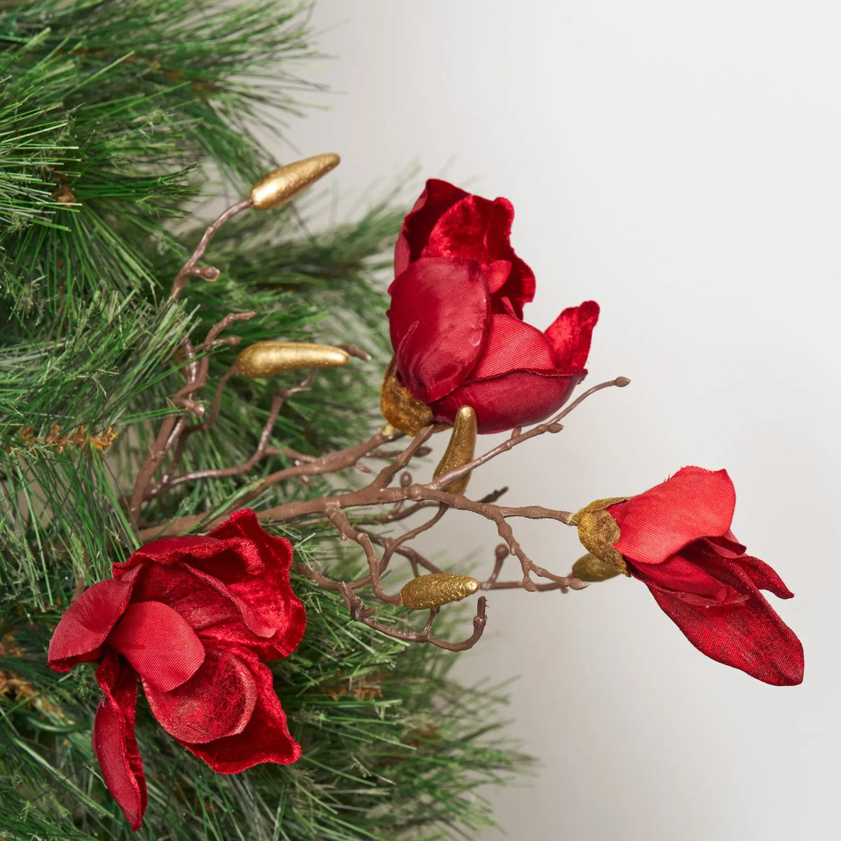 Yulemere Red Velvet Magnolia Bloom and Gold Dipped Bud Faux Holiday Stem detail view 2