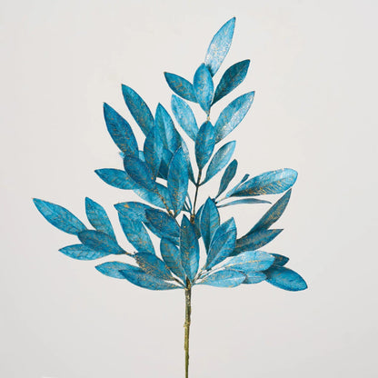 Yulemere Blue Bay with Gold Brushed Leaves Faux Winter Holiday Stem overall view