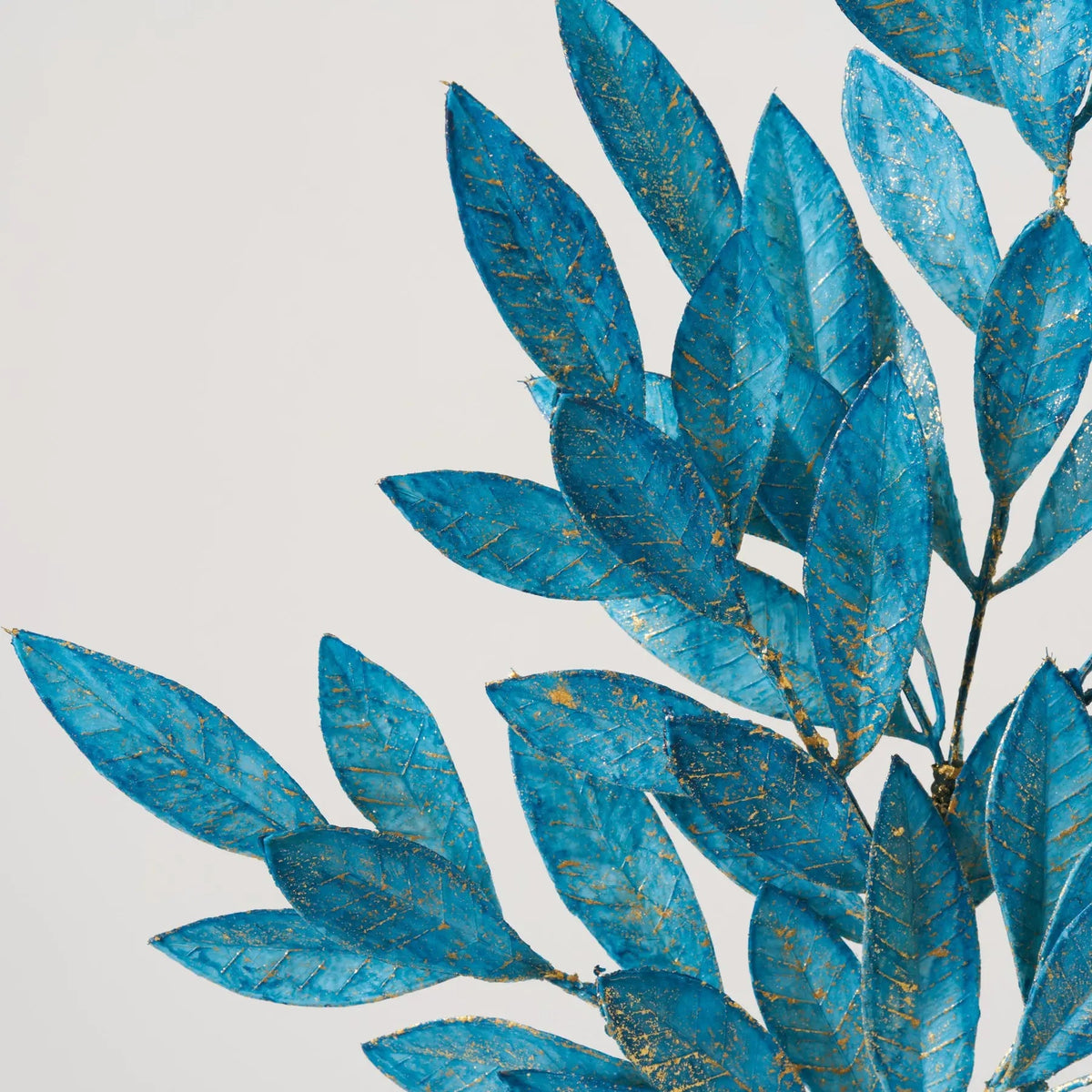 Yulemere Blue Bay with Gold Brushed Leaves Faux Winter Holiday Stem detail view 2
