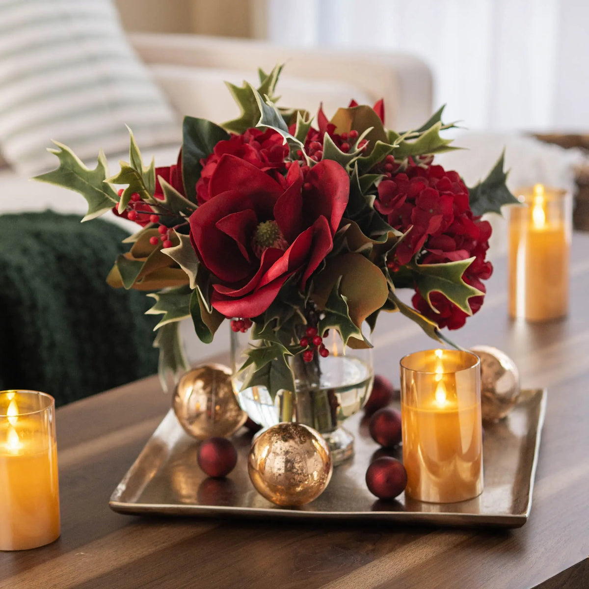 Yulemere Real Touch Red Magnolia and Hydrangea with Wild Holiday Stem detail view 4