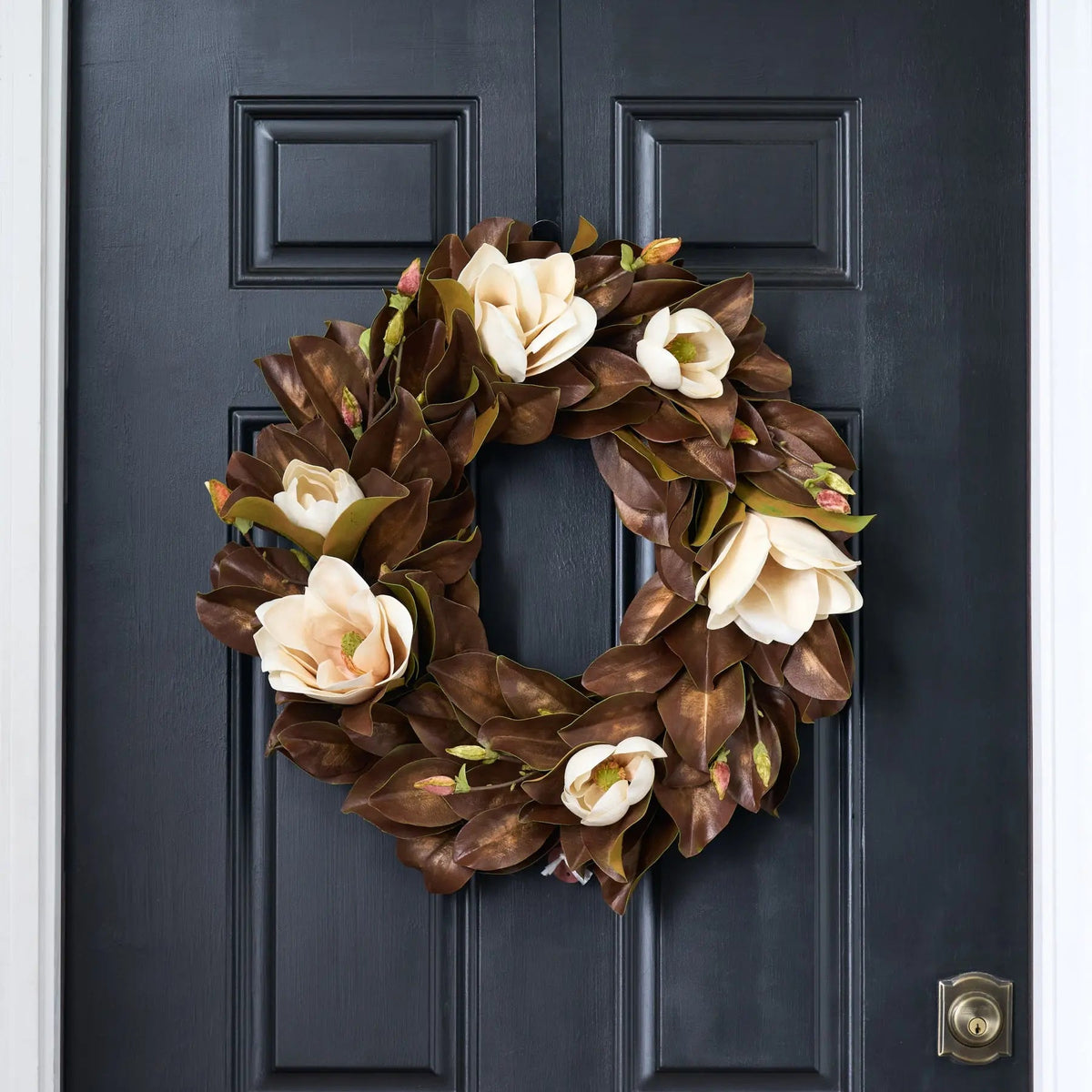 Yulemere Real Touch Golden Brown Magnolia Bloom Wreath overall view