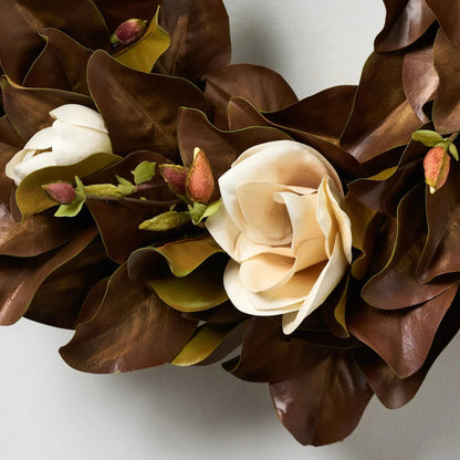 Yulemere Real Touch Golden Brown Magnolia Bloom Wreath detail view 3