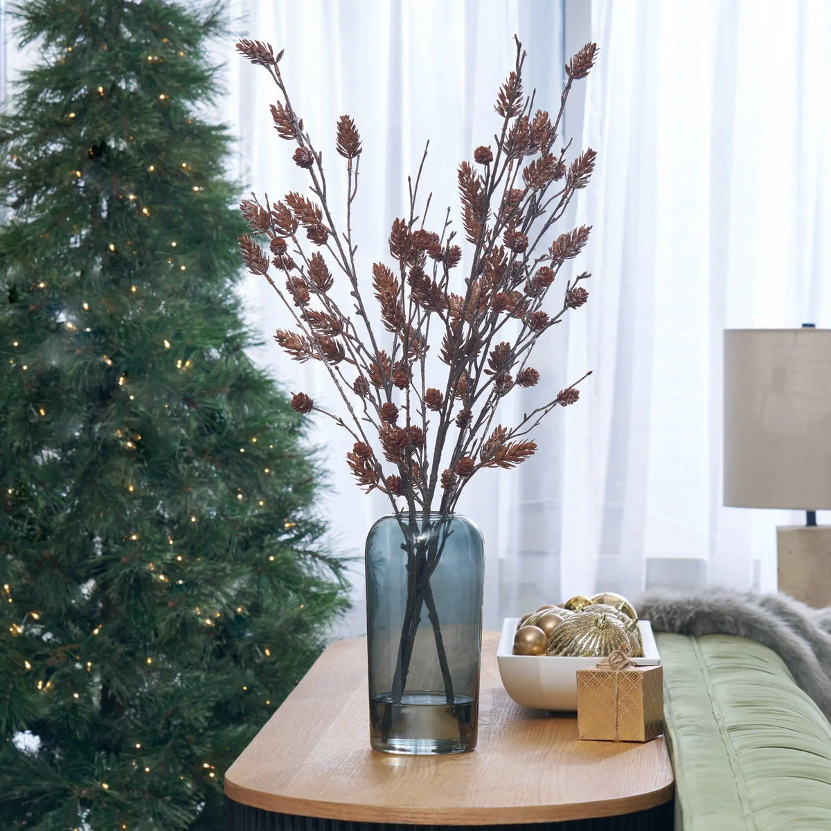 Yulemere Lifelike Snow Dusted Pinecone Branch in Smoke Glass overall view