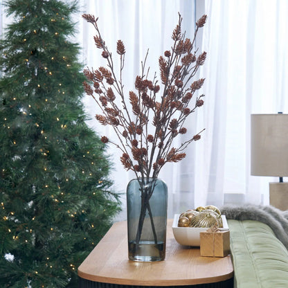 Yulemere Lifelike Snow Dusted Pinecone Branch in Smoke Glass overall view