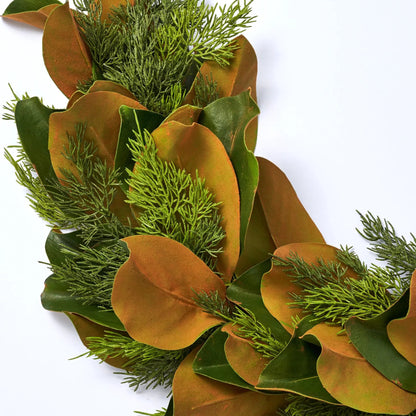 Yulemere Real Touch Magnolia Leaf and Cedar Christmas Garland overall view