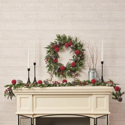 Yulemere Snow Tipped Pine Iced Red Berry Ball Christmas Garland overall view