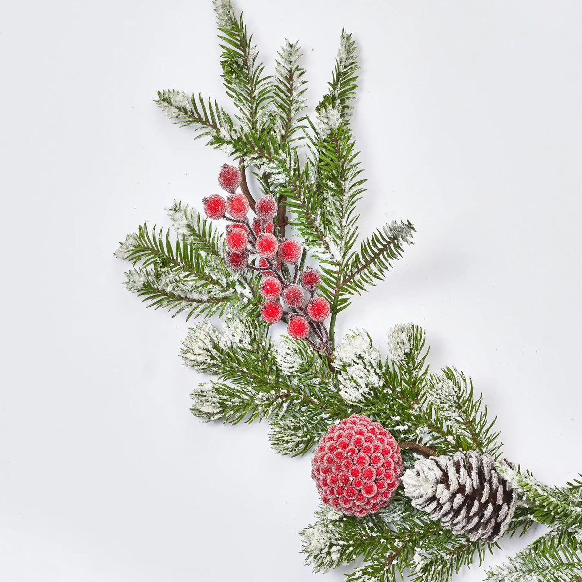 Yulemere Snow Tipped Pine Iced Red Berry Ball Christmas Garland detail view 2