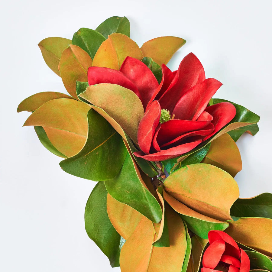 Yulemere Real Touch Red Magnolia Christmas Garland Red overall view