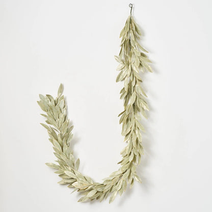 Yulemere Sage Green Gold Brushed Bay Leaf Fall Christmas Mantle Garland overall view