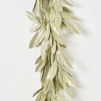 Yulemere Sage Green Gold Brushed Bay Leaf Fall Christmas Mantle Garland detail view 4