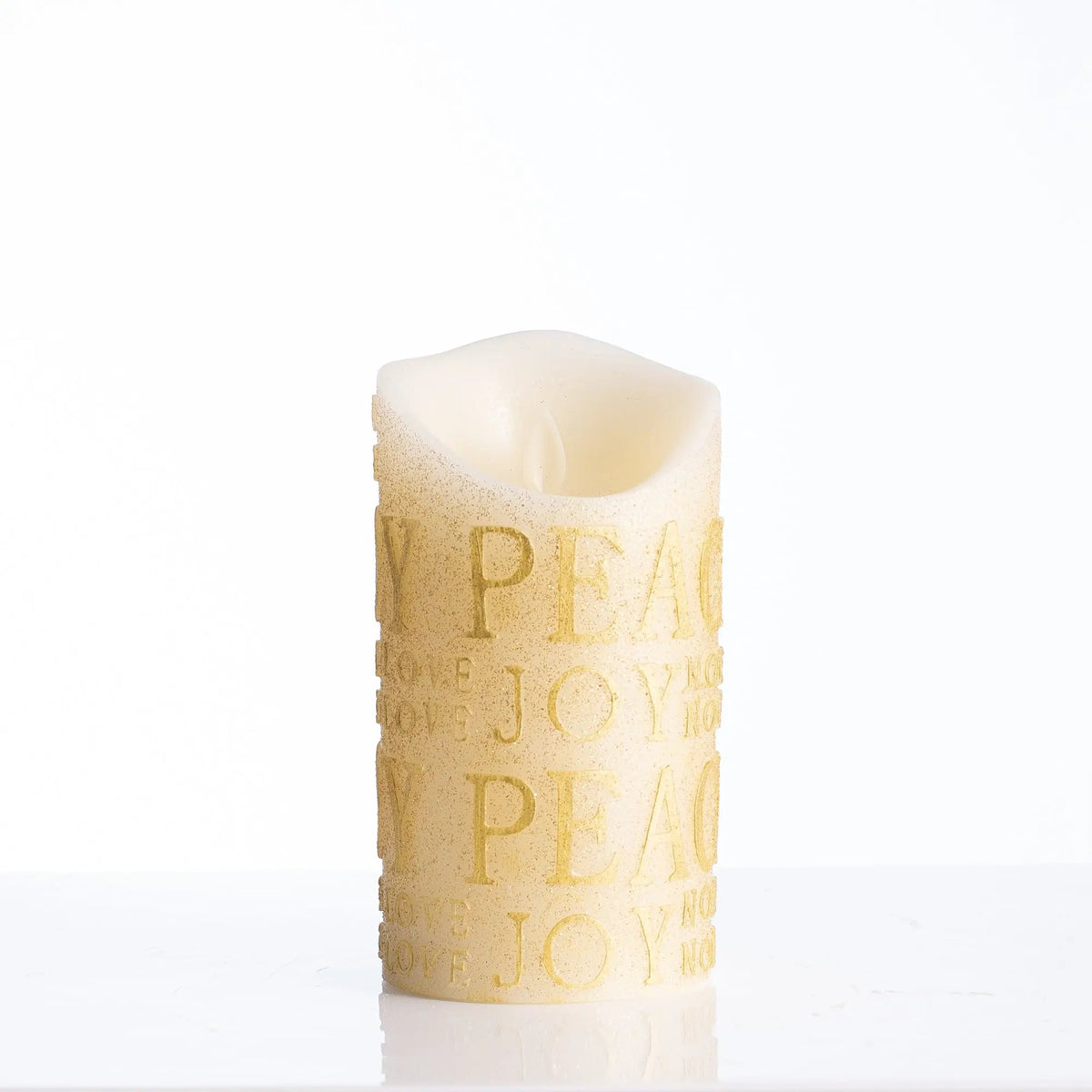 Yulemere Gold Glitter Peace and Joy Flickering Flameless Candle detail view 3