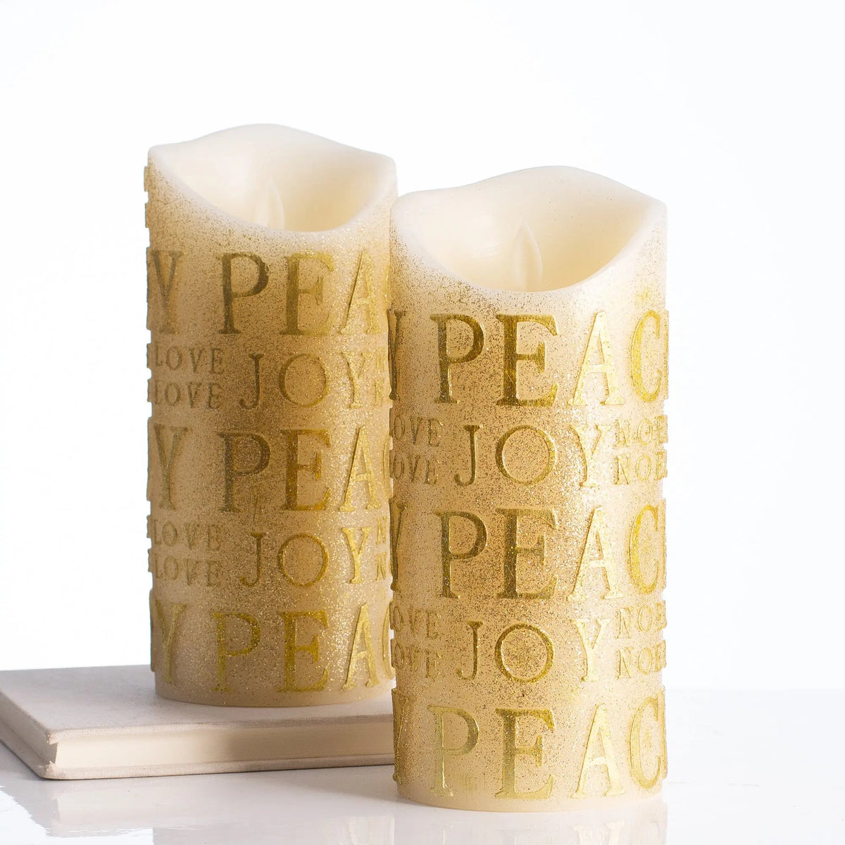 Yulemere Gold Glitter Peace and Joy Flickering Flameless Candle detail view 5