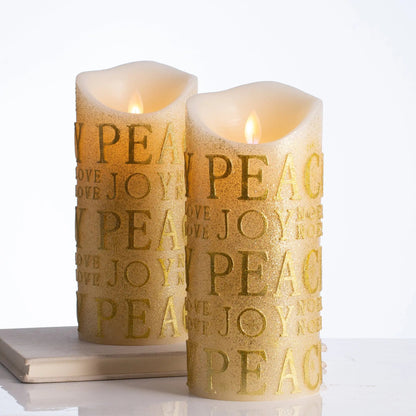 Yulemere Gold Glitter Peace and Joy Flickering Flameless Candle detail view 2