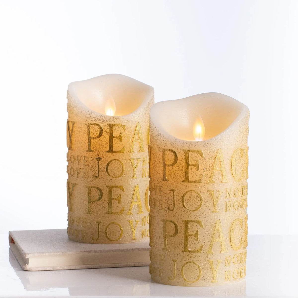 Yulemere Gold Glitter Peace and Joy Flickering Flameless Candle detail view 8
