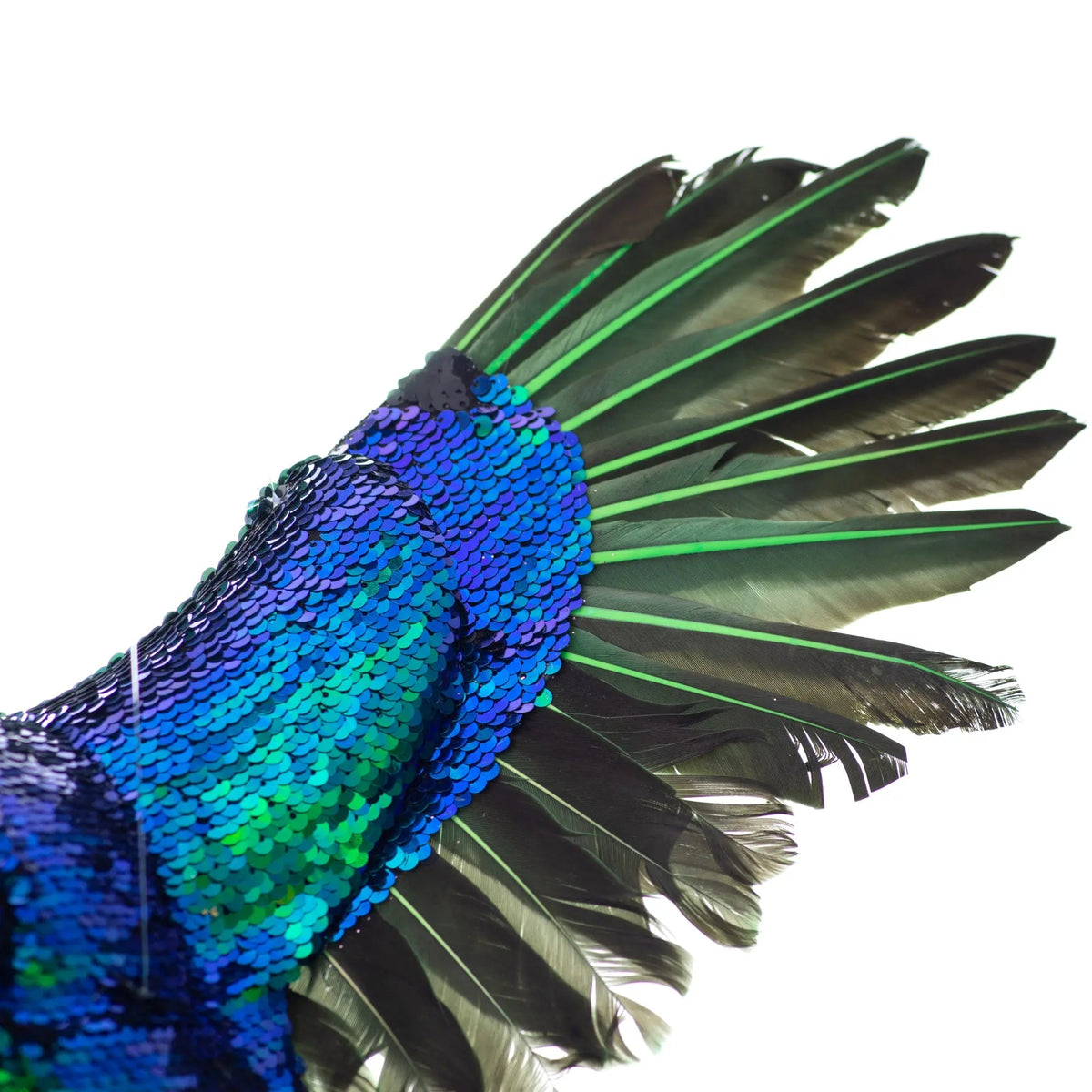 Yulemere Sequin and Feather Large Blue and Green Parrot Christmas Ornament detail view 5
