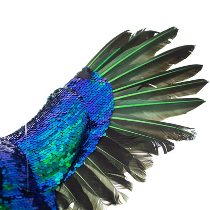 Yulemere Sequin and Feather Large Blue and Green Parrot Christmas Ornament detail view 5