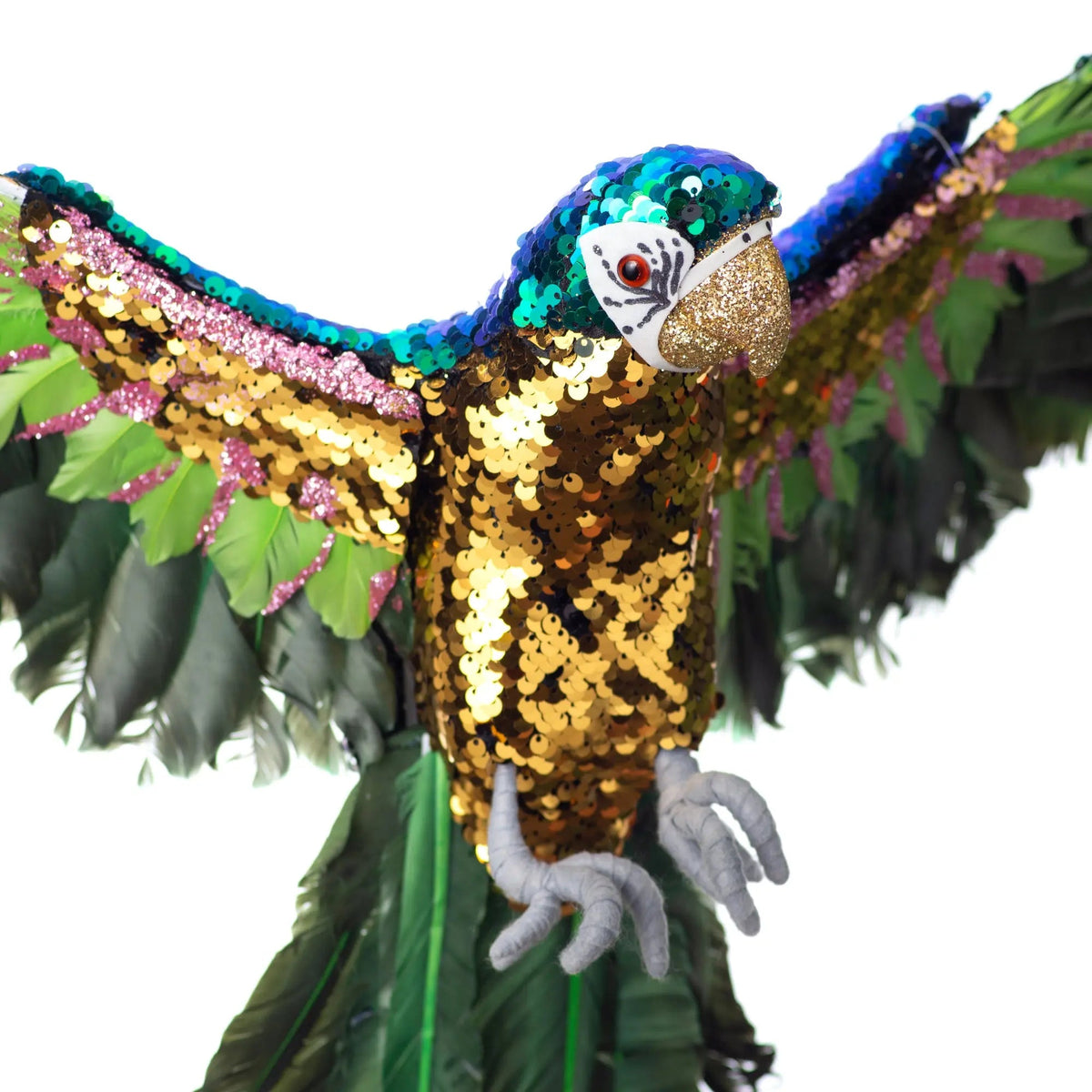 Yulemere Sequin and Feather Large Blue and Green Parrot Christmas Ornament detail view 2