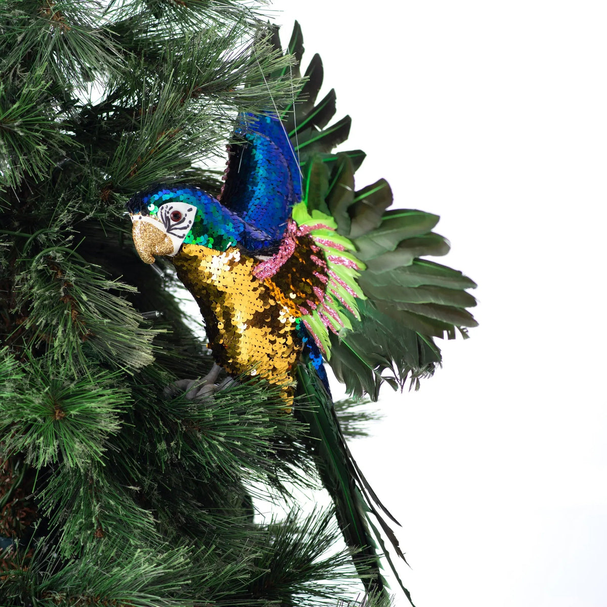 Yulemere Sequin and Feather Large Blue and Green Parrot Christmas Ornament detail view 3